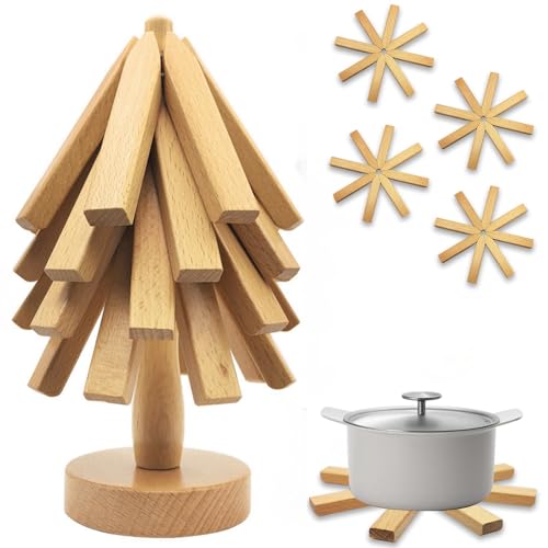 Untersetzer Holz Set für Baumkunst, Weihnachtsbaum Topfuntersetzer Holz Set mit 4 Untersetzer Topf & 1 Ständer, Faltbare Untersetzer Topf für Küchenpfannen,Töpfe und Besteck (Hellfarben, Quadratisch) von Jevuoyee