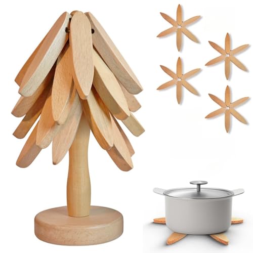 Untersetzer Holz Set für Baumkunst, Weihnachtsbaum Topfuntersetzer Holz Set mit 4 Untersetzer Topf & 1 Ständer, Faltbare Untersetzer Topf für Küchenpfannen,Töpfe und Besteck (Hellfarben) von Jevuoyee