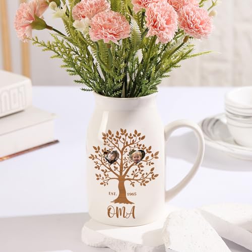 Jeweidea Personalisierte Keramikvase mit Gravur Namen Foto Geschenk für Mama, Geschenk für Oma, Muttertagsgeschenke für Mama, Weiße Blumenvase Moderne Esstisch Wohnzimmer Dekoration von Jeweidea