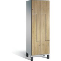 C+P Z-Garderobenschrank Cambio, 2 Abteile, Abteilbreite 300 mm, HxBxT 1980x600x525 mm, RAL 9006 Weißaluminium, Dekor Eiche Sereno, Füße von C+P