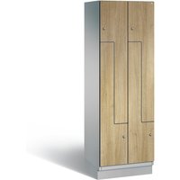 C+P Z-Garderobenschrank Cambio, 2 Abteile, Abteilbreite 300 mm, HxBxT 1980x600x525 mm, RAL 9006 Weißaluminium, Dekor Eiche Sereno, Sockel von C+P