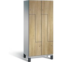 C+P Z-Garderobenschrank Cambio, 2 Abteile, Abteilbreite 400 mm, HxBxT 1980x800x525 mm, RAL 9006 Weißaluminium, Dekor Eiche Sereno, Füße von C+P