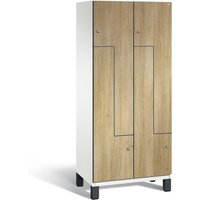 C+P Z-Garderobenschrank Cambio, 2 Abteile, Abteilbreite 400 mm, HxBxT 1980x800x525 mm, RAL 9016 Verkehrsweiß, Dekor Eiche Sereno, Füße von C+P