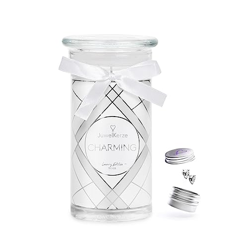 JuwelKerze Charming Luxury Ohrringe Silber - Schmuckkerze 80 Std - große Duftkerze mit frischem Duft - weiße Kerze mit Schmuck Überraschung - Geschenke für Frauen, Geburtstag von JewelCandle