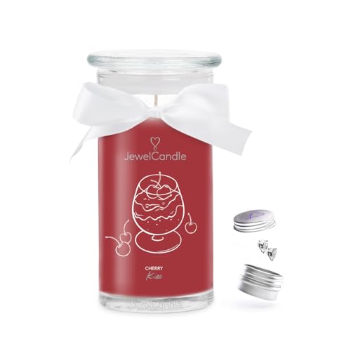 JuwelKerze Cherry Kiss Ohrringe Silber - Schmuckkerze 80 Std - große Duftkerze im Glas mit fruchtigem Duft - Kerze mit Schmuck - Geschenke für Frauen von JewelCandle