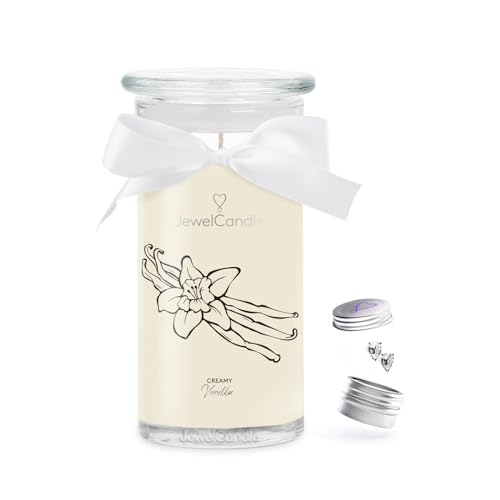 JuwelKerze Creamy Vanilla Ohrringe Silber - Schmuckkerze 80 Std - große Duftkerze mit Orientalischem Duft - beige Kerze mit Schmuck Überraschung als - Geschenke für Frauen, Geburtstag von JewelCandle