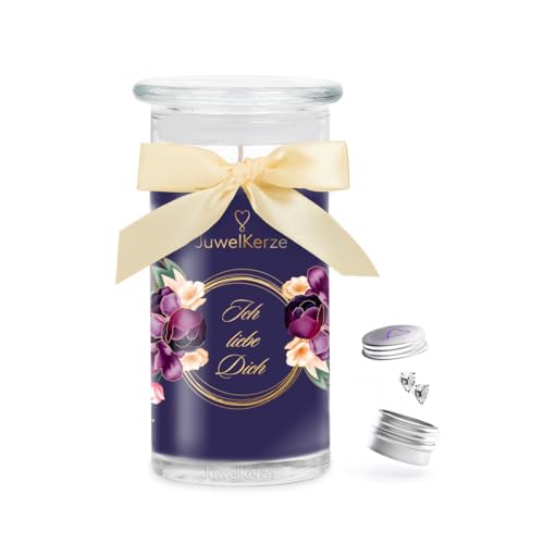 JuwelKerze Ich liebe Dich Ohrringe Silber - große Schmuckkerze 80 Std - Duftkerze mit blumigem Duft - Kerze mit Schmuck Überraschung - Geschenke für Frauen, Geburtstag, Valentinstag von JewelCandle