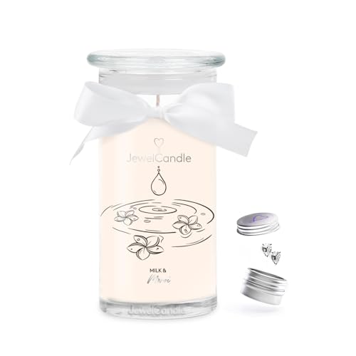 JuwelKerze Milk & Monoi Ohrringe Silber - große Schmuckkerze 80 Std - Duftkerze mit blumigem Duft - Kerze mit Schmuck - Geschenke für Frauen, Geburtstag von JewelCandle