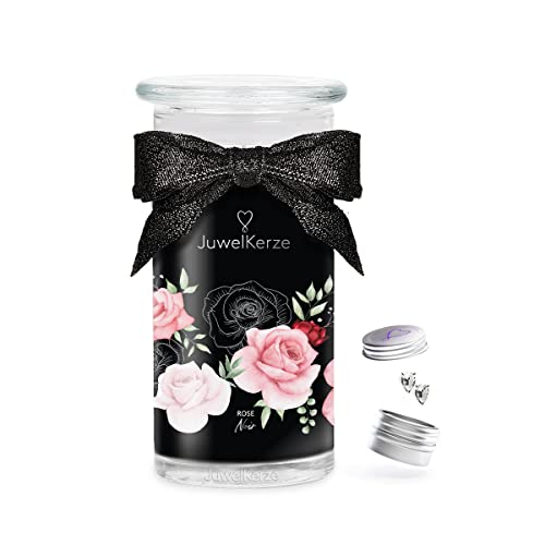 JuwelKerze Rose Noir Ohrringe Silber - Schmuckkerze 80 Std - große Duftkerze mit Fruchtigem Duft - weiße Kerze mit Schmuck Überraschung - Geschenke für Frauen, Geburtstag von JewelCandle