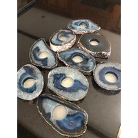 Große Blaue Achat Scheibe Mikrokristallinen Quarz Silber Vergoldet Teelicht Kerzenhalter Ornament Geschenk von JewelCrystalsLtd