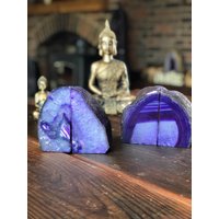 Lila Achat Natürliche Kante Mikrokristalline Quarz Premium Buchstützen Ornament Geschenk Paar von JewelCrystalsLtd