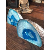 Petrol Achat Silber Rand Mikrokristallinen Quarz Premium Buchstützen Ornament Geschenk-Paar von JewelCrystalsLtd