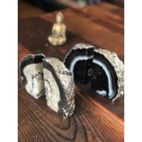 Schwarz Achat Silber Rand Mikrokristallinen Quarz Premium Buchstützen Ornament Geschenk-Paar von JewelCrystalsLtd
