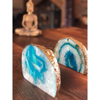 Teal Achat 24Ct Goldrand Mikrokristalliner Quarz Premium Buchstützen Ornament Geschenk Paar von JewelCrystalsLtd