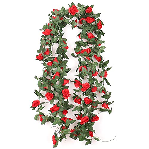 Jewlri 2 Stück 220cm Künstliche Rosen Girlanden Kunstblumen Seidenblumen Blumengirlande Rot Rosen Aufhängen für Hochzeit Garten Party Haus Hochzeit Auto Dekoration von Jewlri