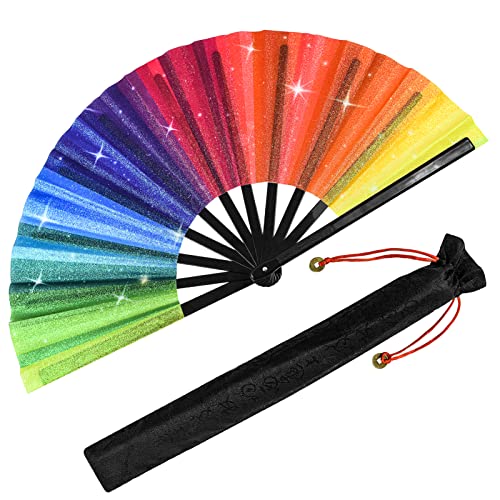 Jeyeou Regenbogen-Handfächer mit Glitzer, holografischer Rave-Fächer, großer faltbarer Stolz-Fächer, Festival-Fan, Clack-Fächer, Handfächer, Seidenfächer, Tanzfächer mit Stoffhülle für Auftritte, von Jeyeou