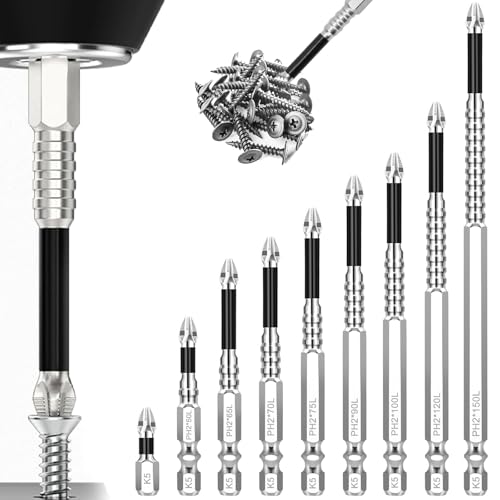 9 Stück High-Magnetic Screwdriver Drill Bit Set, K5 Stoßfester Anti-Rutsch-Bit, Universeller Stark Magnetischer und Strapazierfähiger Schraubendreher-Bohrer-Satz, 25 50 65 70 75 90 100 120 150 mm von Jeyrup