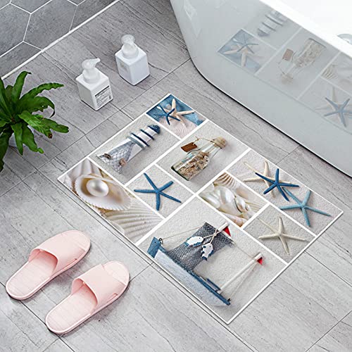 Badezimmerteppich, Motiv: Leuchtturm, Segelboot, Seestern, Meereslebewesen, Bodenmatte, rutschfeste Fußmatte für den Eingang, Ozean-Elemente, rutschfeste Gummi-Unterseite, 40,6 x 61 cm von Jfniub