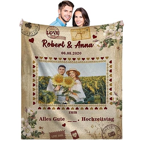 Geschenk Hochzeitstag - Personalisierte Superweiche Decke zum Hochzeitstag Frauen Männer, Jahrestag Hochzeitstag Valentinstag Geburtstag Geschenke Für Sie Ihn, 130x150cm, Kuscheldecke Fleecedecke von JhcsDy