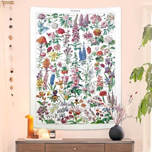 Vintage-Blumen-Wandteppich, 130 x 150 cm, langer vertikaler Wandbehang, Referenz, illustrativer botanischer Wandteppich für Schlafzimmer, ästhetischer floraler Wandteppich mit Quasten, botanische von Jhdstore