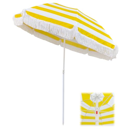 Sonnenschirm Strand UV 50+ Gelb Gestreifter Balkonschirm Strandschirm 180cm Gartenschirm Wasserdicht Tragbarer Sonnenschirm Fransen Mit Neigung Terrassenschirm Perfekt Für Garten Rasen Pool von Jhuiquenix