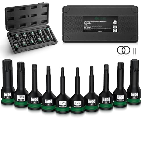 JiGiU 1/2 Zoll Kraft Torx Schlagschrauber Nüsse Satz 10-teilig Kraft Torx Bit Einsatz Satz T25 - T80 aus S2-Legierungsstahl mit Aufbewahrungsbox von JiGiU