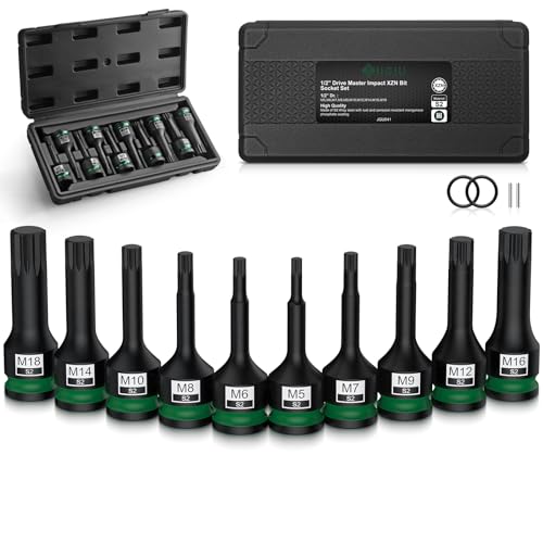 JiGiU 1/2 Zoll Kraft Vielzahn Bit Steckschlüssel Satz 10-teilig M5-M18 aus S2-Legierungsstahl Kraft XZN Bit Einsatz Satz mit Aufbewahrungsbox von JiGiU