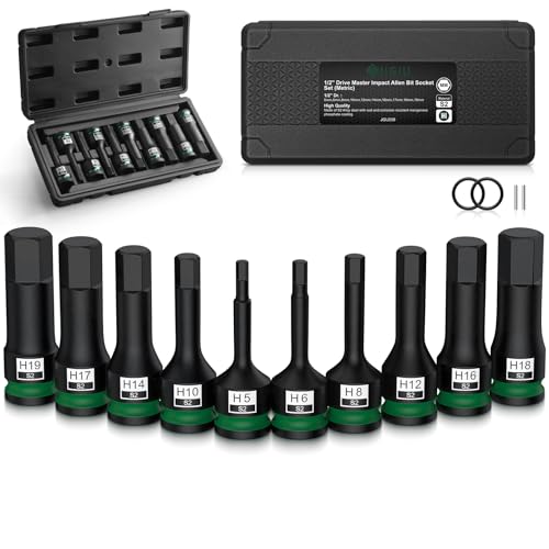 JiGiU 1/2 Zoll Kraft Vielzahn Bit Steckschlüssel Satz 10-teilig Sechskant Bit Stecknuss Set HX 5mm - 19mm aus S2-Legierungsstahl Sechskant Steckschlüssel Satz mit Aufbewahrungsbox von JiGiU