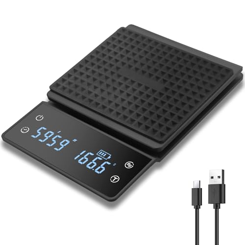 JiGiU Digitale Kaffeewaagee mit Timer USB Wiederaufladbar 3kg/0,1g Hochpräzise Espresso Waage Mini Küchenwaage Multifunktional Lebensmittelwaage Präzisionswaage mit LED-Anzeige (Schwarz) von JiGiU