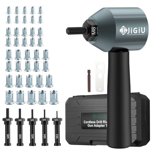 JiGiU Nietmuttern Adapter Kit für Elektrische Bohrmaschine Profi Nietmutternaufsatz mit 5 Art Dorne M3 M4 M5 M6 M8 & 40PCS Nietmutter in Robuste Koffer, Nietaufsatz für Bohrmaschine & Akkubohrer von JiGiU