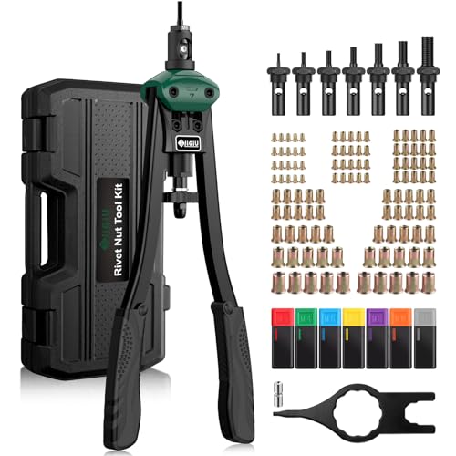 JiGiU Nietmutternzange Set 40CM Doppelgriff inkl. 110PCS Nietmuttern & 7 Austauschbar Dorne M3-M12 Profi Gewindenieten Zange Nietwerkzeug in Aufbewahrungsbox für Blechbearbeitung (Grün) von JiGiU