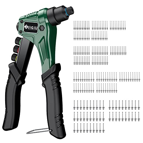 JiGiU Nietzange Set, Blindnietzange inkl. 200pcs Nieten 2,4/3,2/4,0/4,8mm Austauschbaren Mundstücke 8" Popnietenzange mit Ergonomischer Griff Professional Nietpistole von JiGiU