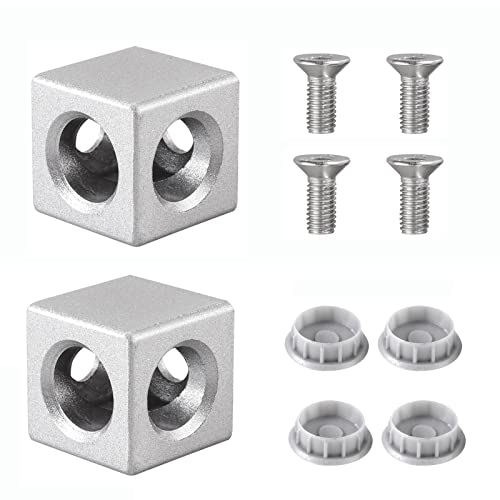 JiGiU Würfelverbinder 2D Eckhalterungswürfel für 3030 Nut 8 Aluprofil aus Aluminium Würfelecke inkl. M8*20 Schrauben und Abdeckkappen für Eu-Standard Aluminium Extrusion Profil (2 Packung) von JiGiU