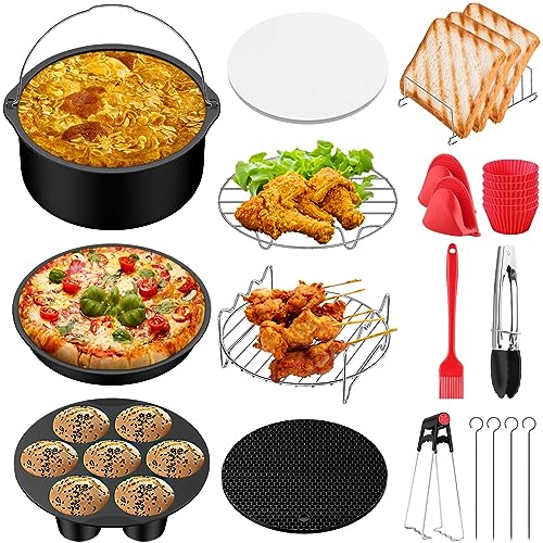 JiGiU Heißluftfritteuse Zubehör Set 13-IN-1 für 8 Zoll Airfryer Zubehörset BPA-Frei, geeignet für Luftfritteusen mit Durchmesser von über 20cm, inkl Kucheneimer Silikonmatte Backpapier uzw. von JiGiU