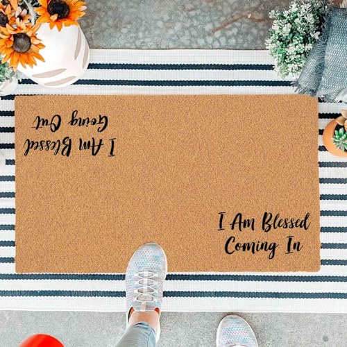 Funny Fußmatte mit Aufschrift "I Am Blessed Coming in I Am Blessed Going Out", für Eingang, Außenbereich, Eingang, Braun, Geschenkmatte mit strapazierfähiger, rutschfester Unterseite, langlebig, 74,9 von JiXianJu