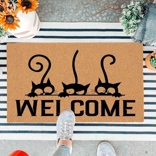 Fußmatte mit lustiger Aufschrift "Welcome" und "Peeking Cats", für Eingangstür, Eingangsbereich, Außenbereich, mit strapazierfähiger, rutschfester Unterseite, langlebig, 74,9 x 43,2 cm, Braun von JiXianJu