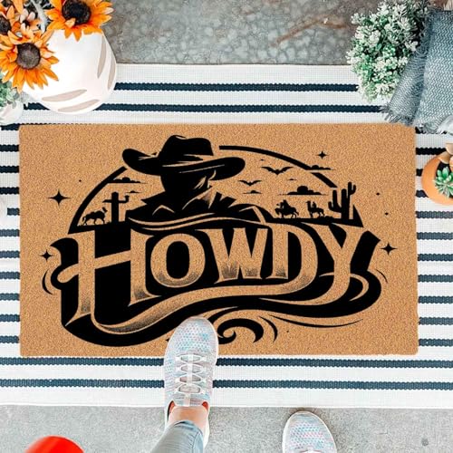 JiXianJu Lustige Fußmatte Country Western Howdy Design Cowboy Haustür Outdoor Eingang Braun Geschenkmatte mit strapazierfähiger rutschfester Unterseite, langlebige Veranda-Willkommensmatten 74,9 x von JiXianJu