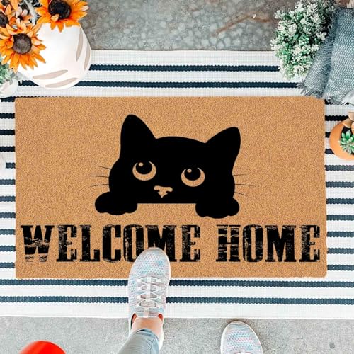 JiXianJu Lustige Outdoor-Fußmatte, Aufschrift "Welcome Home", sitzende Katze, Eingang, braun, Geschenkmatte mit strapazierfähiger, rutschfester Unterseite, langlebig, 74,9 x 43,2 cm von JiXianJu