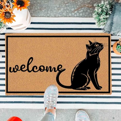 Lustige schwarze Katzen-Willkommens-Fußmatte, Eingangstür, Eingang, Außenbereich, Eingang, braune Geschenkmatte mit strapazierfähiger, rutschfester Unterseite, langlebig, Veranda-Willkommens-Matten von JiXianJu