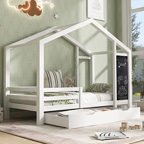 Hausbett 90x200 Rausfallschutz und Lattenrost, Kinderbett Montessori Bodenbett aus Massivholz Kiefer, Jugendbett für Mädchen & Jungen Holzbett Stauraum, Weiß (F) von JiaOyu