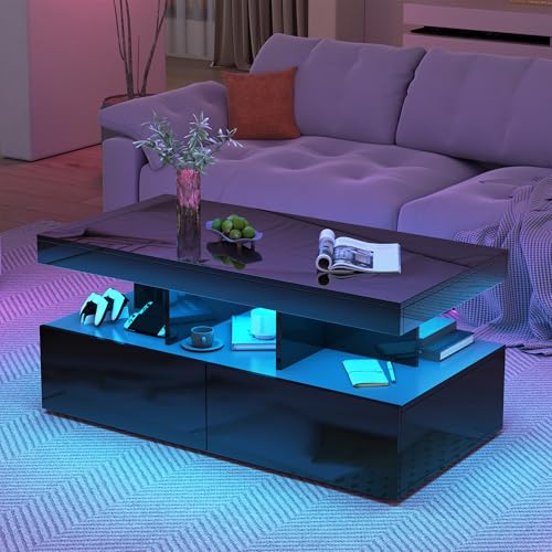 JiaOyu Couchtisch mit LED Beleuchtung, Hochglanz Wohnzimmertisch mit 2 Schublade & Offene Fach, Beistelltisch Kaffeetisch Sofatisch für Wohnzimmer Büro,104x53x46CM (Schwarz) von JiaOyu