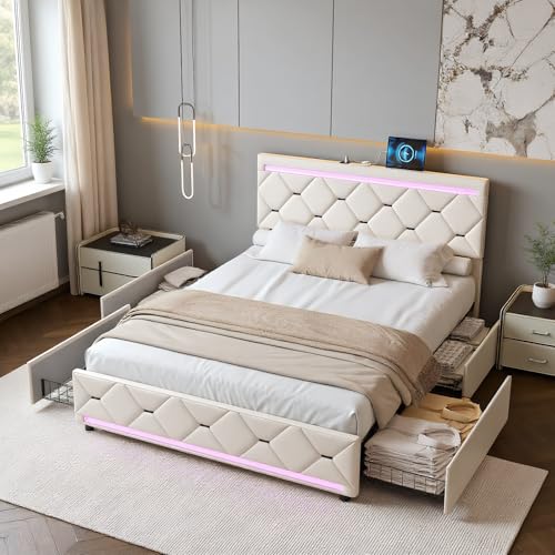 JiaOyu Doppelbett 140x190 cm mit LED Kopfteil & USB Ladefunktion, Polsterbett mit 4 Schubladen, Stauraumbett Funktionsbett Bettrahmen mit Lattenrost, ohne Matratze (140x190cm) von JiaOyu