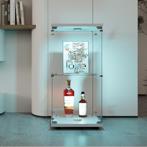 JiaOyu Glasvitrine Stehend, Vitrinenschrank mit LED Beleuchtung und Glastüren,2-Lagen Glasvitrine Staubdicht, Standvitrine Glasschrank für Wohnzimmer Schlafzimmer Büro (Weiß/Hell, 2 Schichten) von JiaOyu