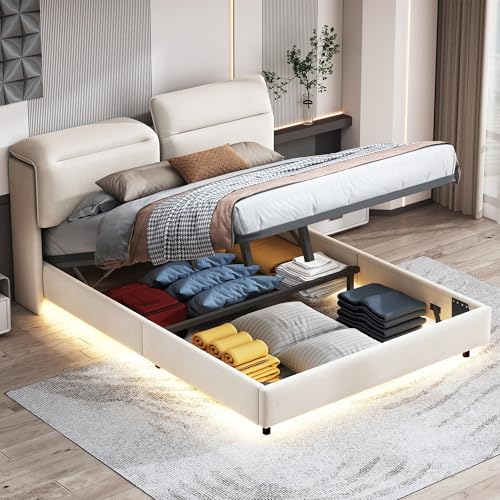 JiaOyu Luxuriöses Doppelbett 140 x 200 cm mit Gepolstertes Kopfteil, hydraulisches Funktionsbett Jugendbett mit Stauraum und LED-Lichtleiste - Beige Samt Polsterbett für Jugendzimmer (140x200CM) von JiaOyu