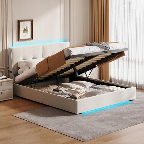 JiaOyu Modernes Polsterbett 160x200cm mit LED-Beleuchtung & Stauraum, Bettgestell mit Gepolstert Kopfteil, Doppelbett mit Lattenrost und Metallrahmen, ohne Matratze(Beige+LED, 160x200cm) von JiaOyu