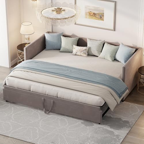 JiaOyu Multifunktionales Schlafsofa, ausziehbar 90/180 x 200 cm, Ausziehbar 2-Sitzer-Sofa mit Schlaffunktion & Lattenrost, samtbezogen, ideal für Wohnzimmer und Gästezimmer (Typ A+ Grau) von JiaOyu