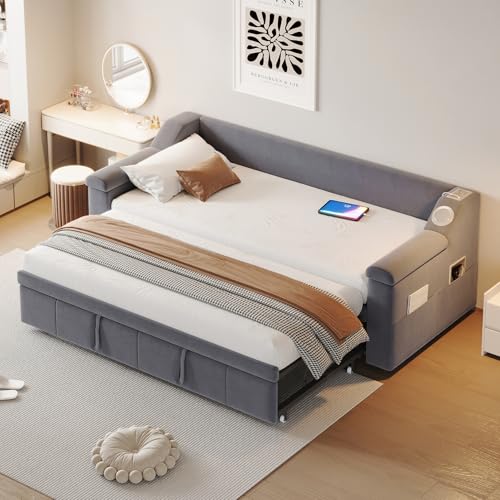 JiaOyu Multifunktionales Schlafsofa, ausziehbar 90/180 x 200 cm, Ausziehbar 2-Sitzer-Sofa mit Schlaffunktion & Lattenrost, samtbezogen, ideal für Wohnzimmer und Gästezimmer (USB+Dunkelgrau) von JiaOyu