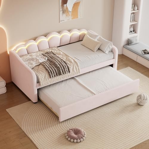 JiaOyu Multifunktionales Schlafsofa 90x200 cm, Ausziehbar 2-Sitzer-Sofa mit Schlaffunktion & Lattenrost, Daybett Tagesbett Schlafcouch ideal für Wohnzimmer und Gästezimmer(Blumen-Rückenlehne+Rosa) von JiaOyu