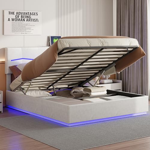 JiaOyu Polsterbett Doppelbett 140 x 200 cm, Gepolstertes Bett mit Stauraum, Hydraulikmechanismus & Eleganten goldenen Akzenten, Perfekt für stilvolle Schlafzimmer,ohne Matratze (Beige+PU, 180x200cm) von JiaOyu