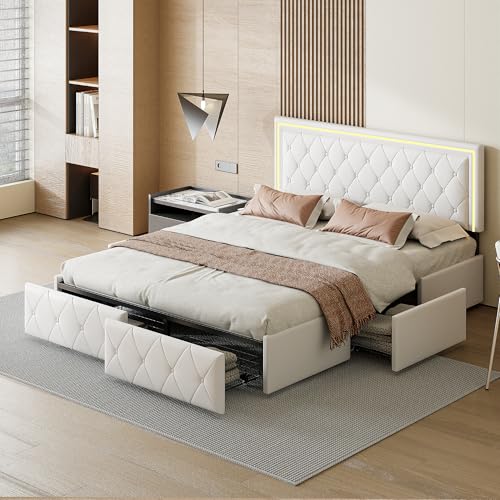 JiaOyu Polsterbett Doppelbett 140x200cm – Stilvolles Bettgestell mit LED-Beleuchtung, 4 großen Schubladen und stabilem Metallrahmen, perfekt für Moderne Schlafzimmer, ohne Matratze (Weiß, 140x200cm) von JiaOyu